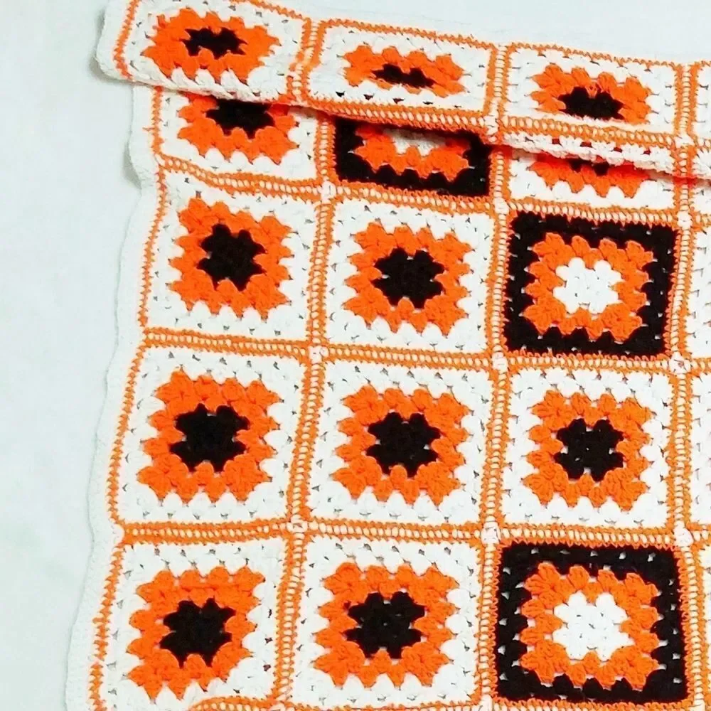 VINTAGE Granny Square Handmade Orange Afghan Throw